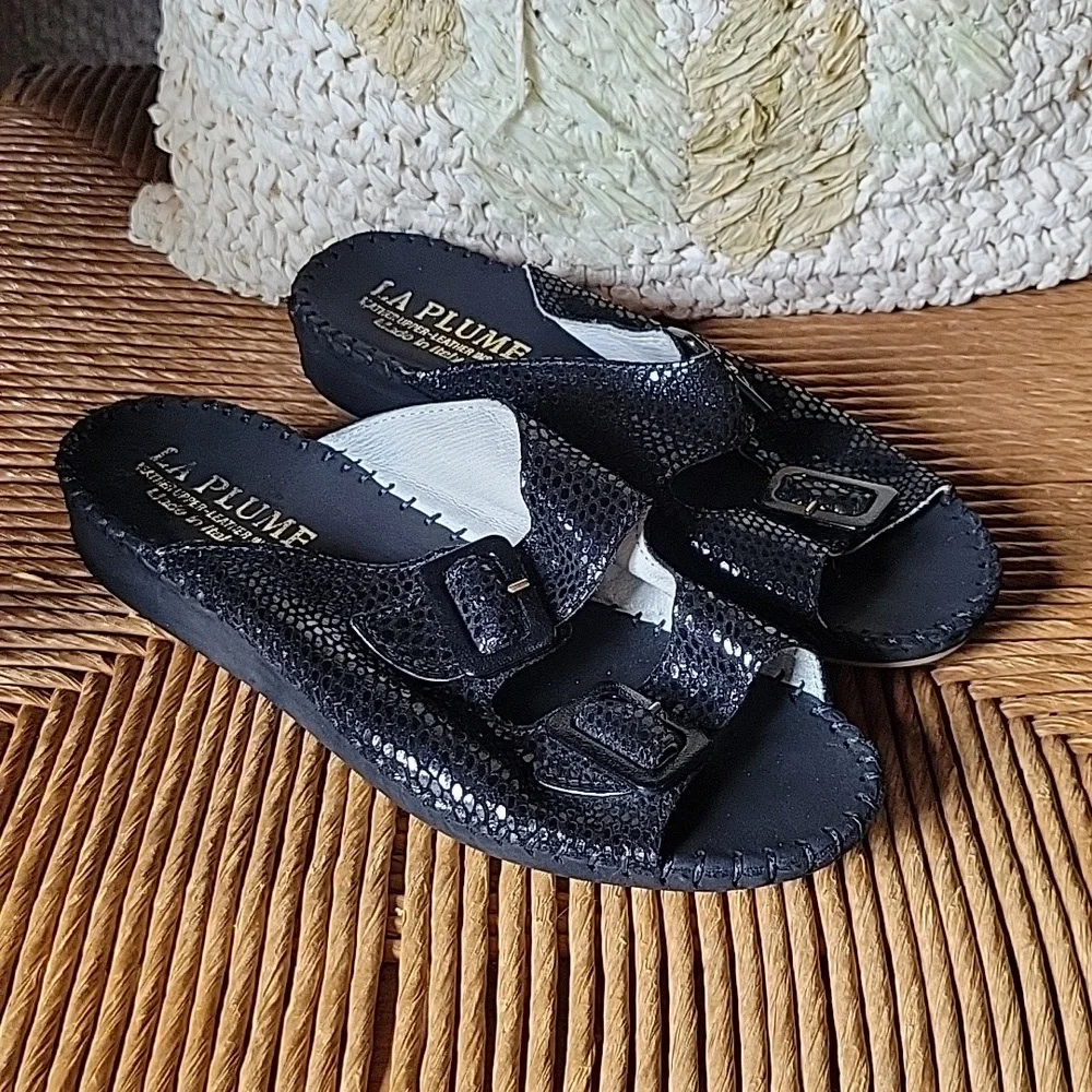 La Plume Jen croc, leather sandals,  black metallic, size 37EU , 6.5-7 US